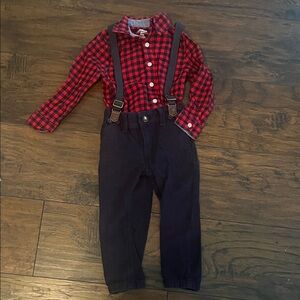 Oshkosh EUC Red Plaid Shirt with Navy Suspenders Set